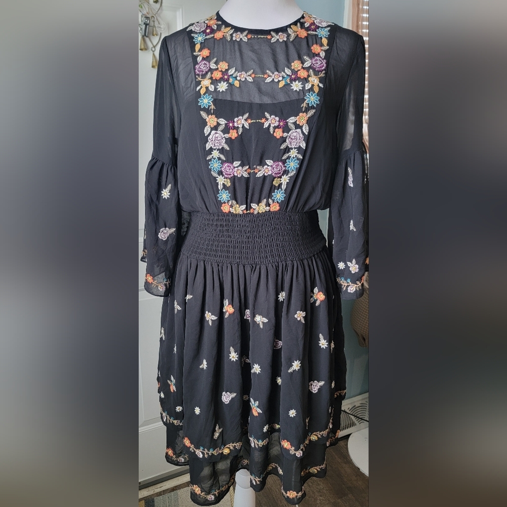 Anthropologie Maeve Anfisa Floral Embroidered Chiffon Mini Dress Womens 2 Black - Picture 2 of 16